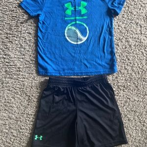 3T toddler boys Under Armour blue baseball tee tshirt and shorts set EUC